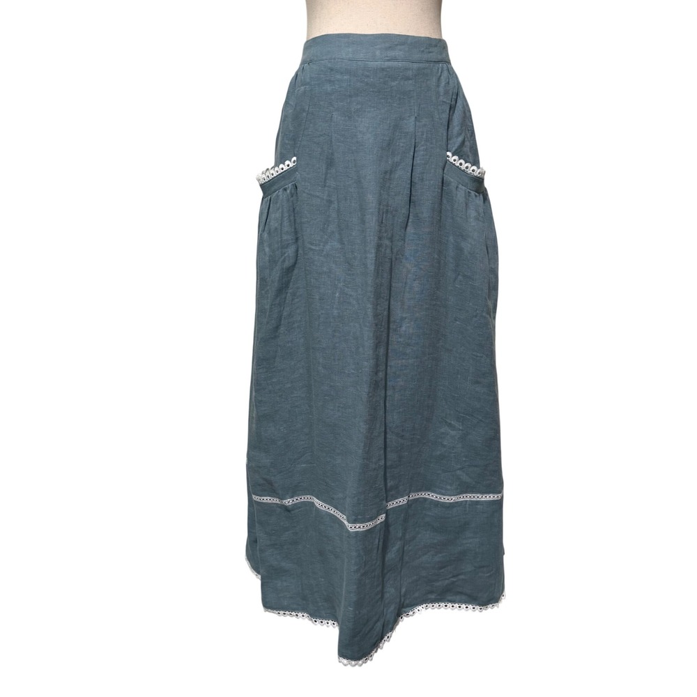 Lintico Blue Fenla Linen Eyelet Lace Trim Midi Skirt Cottagecore Boho Lined XXL